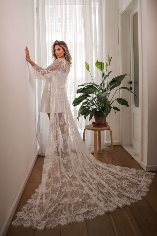 Alexandra Sophia Long All-Lace Robe (Includes Slip Dress)